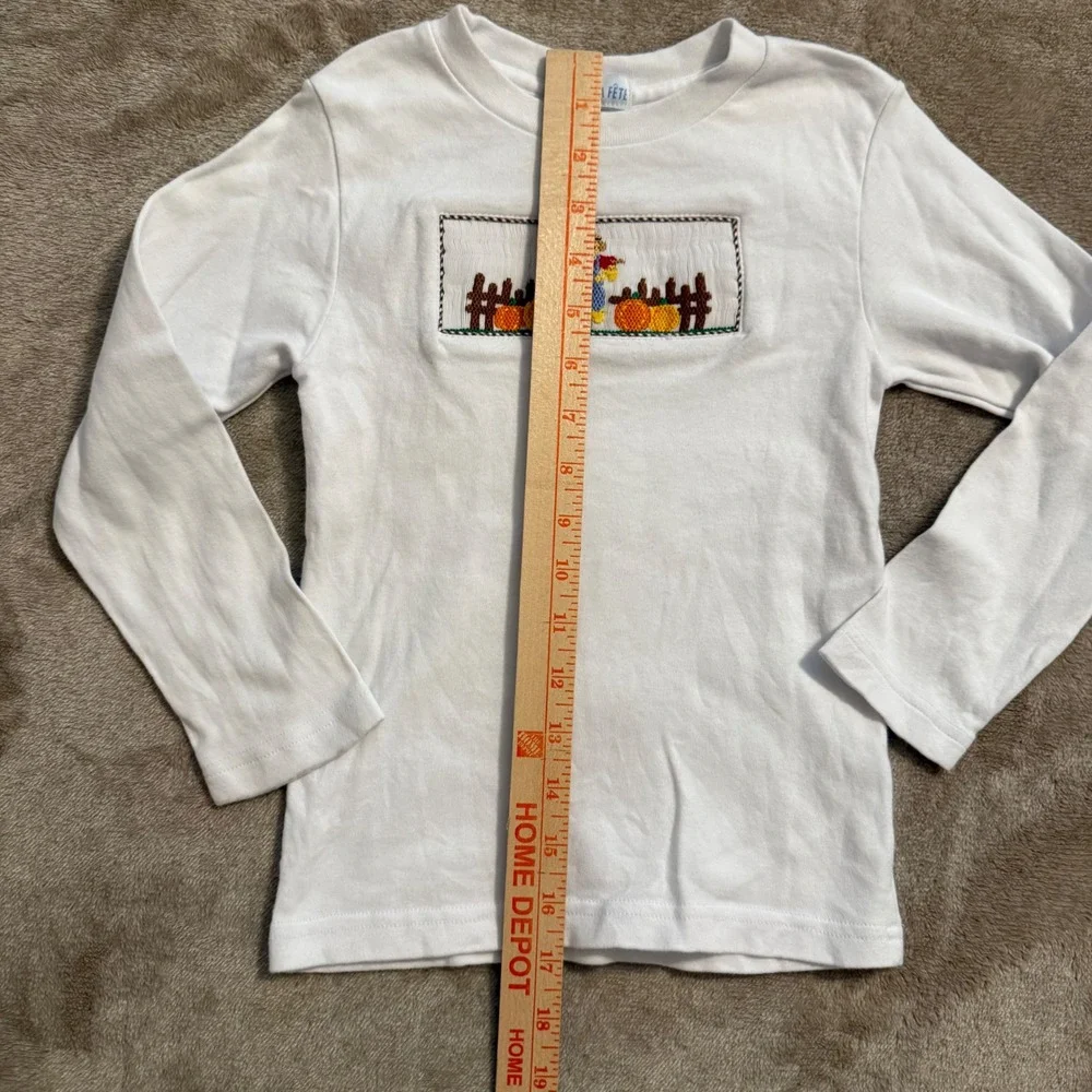 Vive La Fete Kids White Long Sleeve Smocked Scarecrow Pumpkin Fall T-Shirt